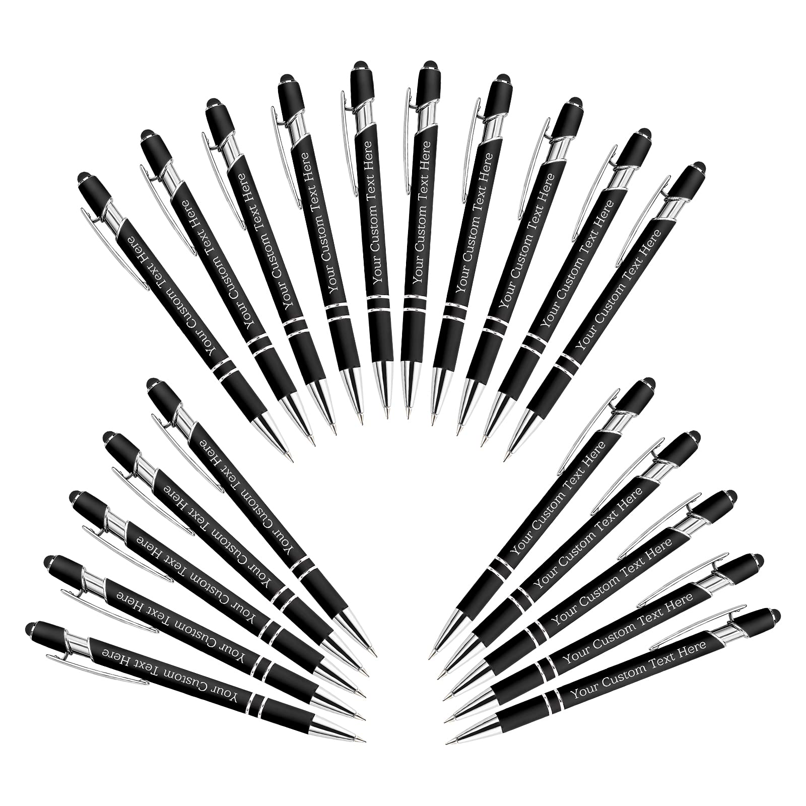 BYWEXCLESD Personalised Custom Pens Bulk Free Engraving with Name Message Ballpoint Pens with Stylus for Business Office Graduation Customised Gifts for Men Women Birthday Christmas (20 Pcs Black)