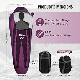 REDCAMP Ultra Lightweight Mummy Sleeping Bag for Backpacking, Hiking and Camping, Comfort for Adults Warm Weather, Hooded with Compression Sack, Purple (87x 31)