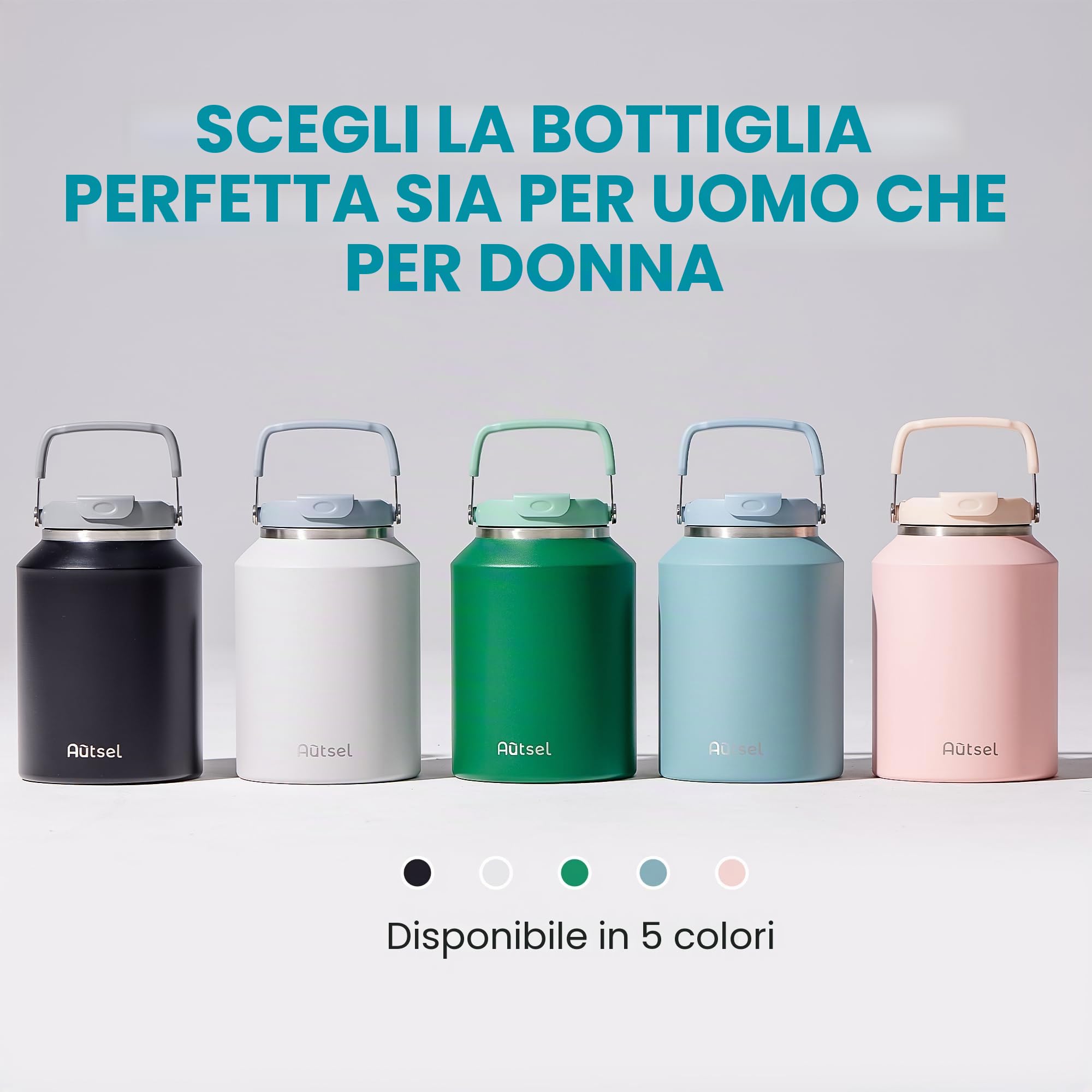 Borraccia Termica 2 litro Bottiglia Termica Senza Perdite Borraccia Palestra Sportiva in acciaio inox, rimanere fredde 24h o calde 12h, Senza BPA