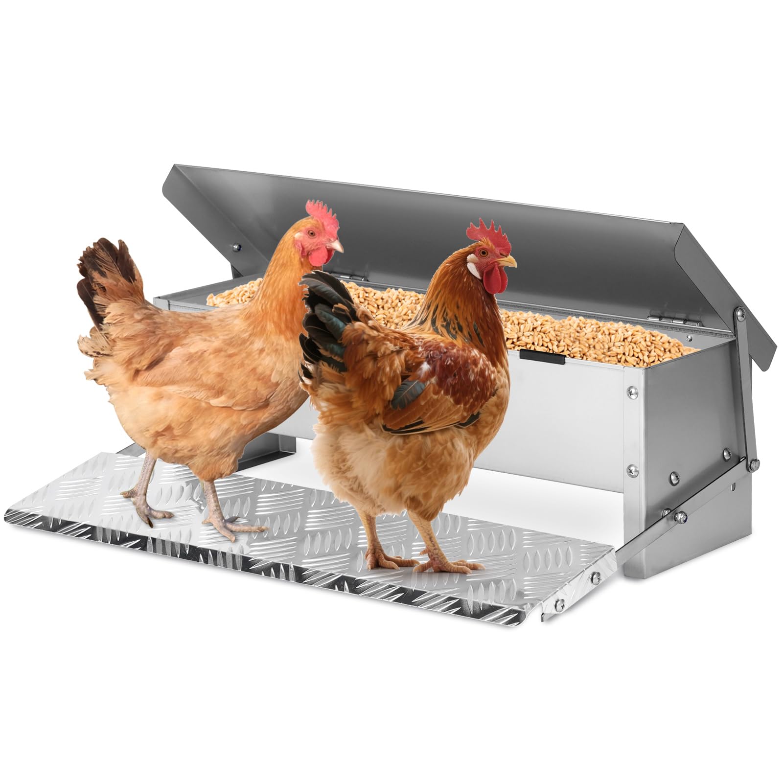 Comedero automático para pollos, 5 kg, con pedal para aves de corral, cuchara de comida para aves de corral, sin residuos, acero inoxidable, apertura automática para pollos, patos, pavos