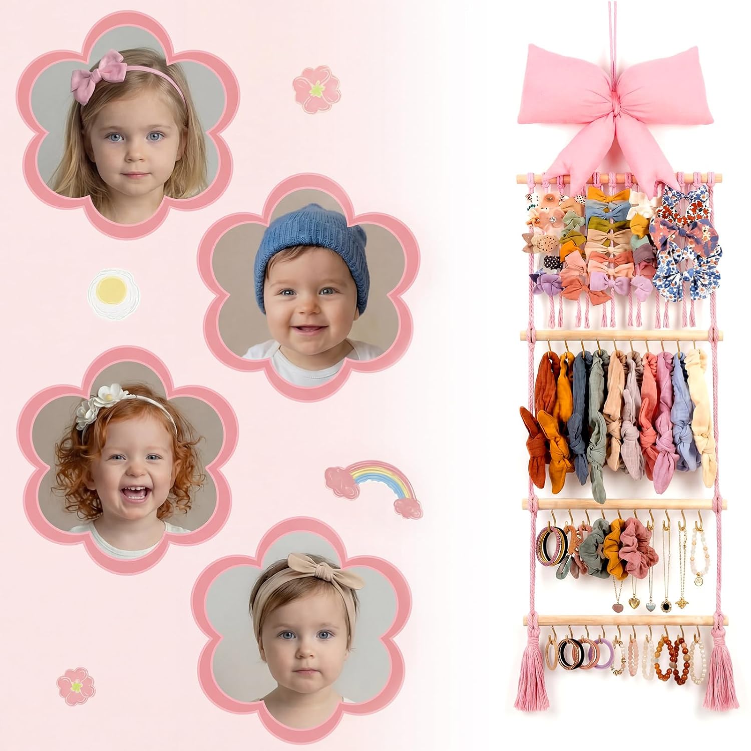 Sliner Pink Bow Headband and Bow Clip Holder Organizer for Girls Soft and Fluffy Wall Mounted Hair Accessories Holder with Decorative for Bedroom Bathroom, Ideal for Hair Clips Storage (Trendy)