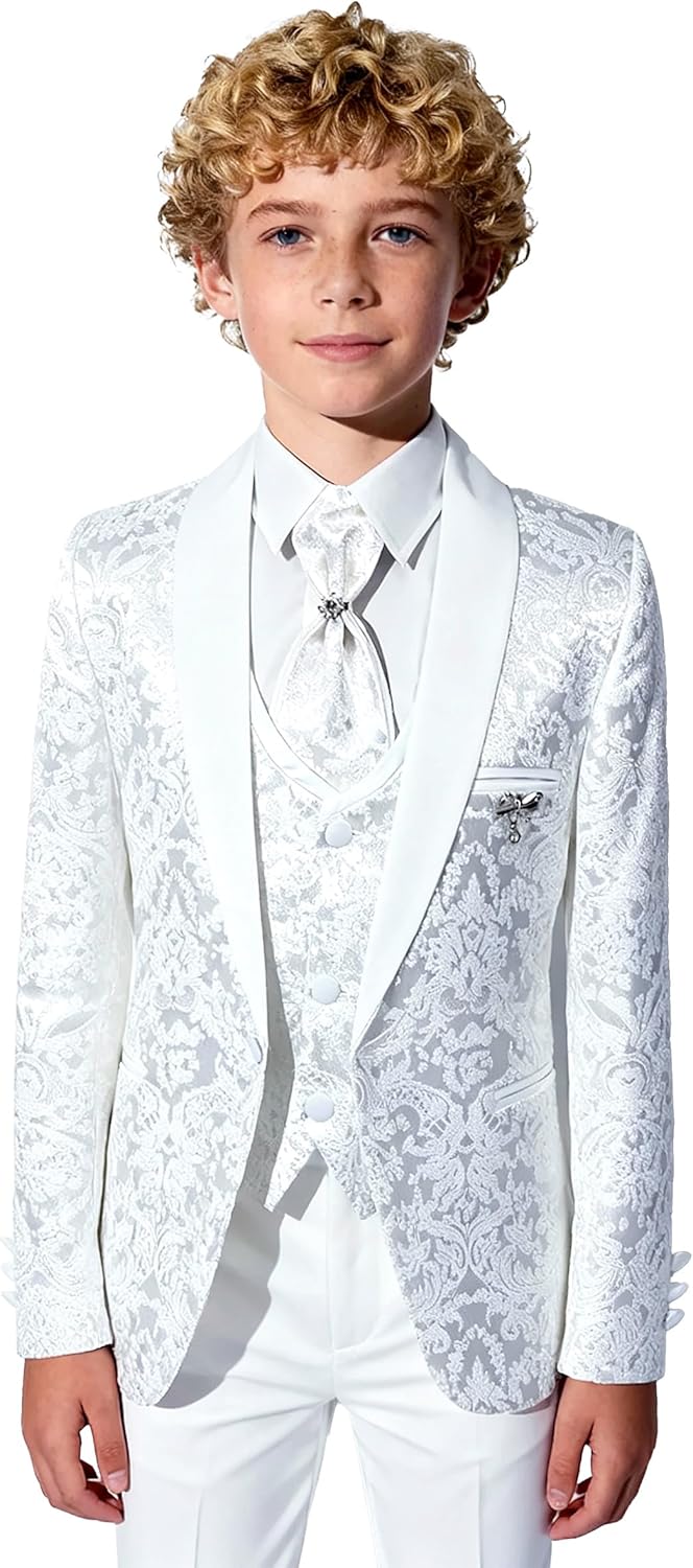 SIRRI Boys Patterned Communion Tuxedo Suit 5 PC Set Wedding Dinner Prom Age 1-16