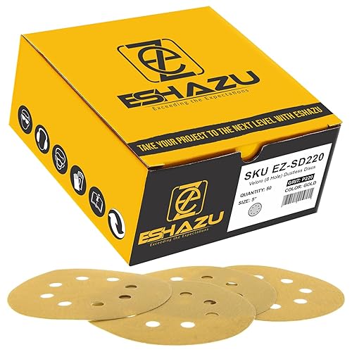 Eshazu - Discos de lijado dorados de 5 pulgadas, grano 220 (paquete de 50), soporte de gancho y bucle sin polvo de 8 agujeros, abrasivo de óxido de