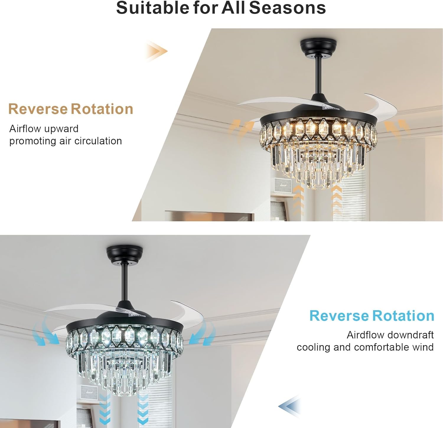 FIDGRA 48 Inch Fandelier Ceiling Fan with Light, Retractable Ceiling Fan with Lights Chandelier Fan for Bedroom, Living Room, 3 Color Temperature, 6 Wind Speed-Black