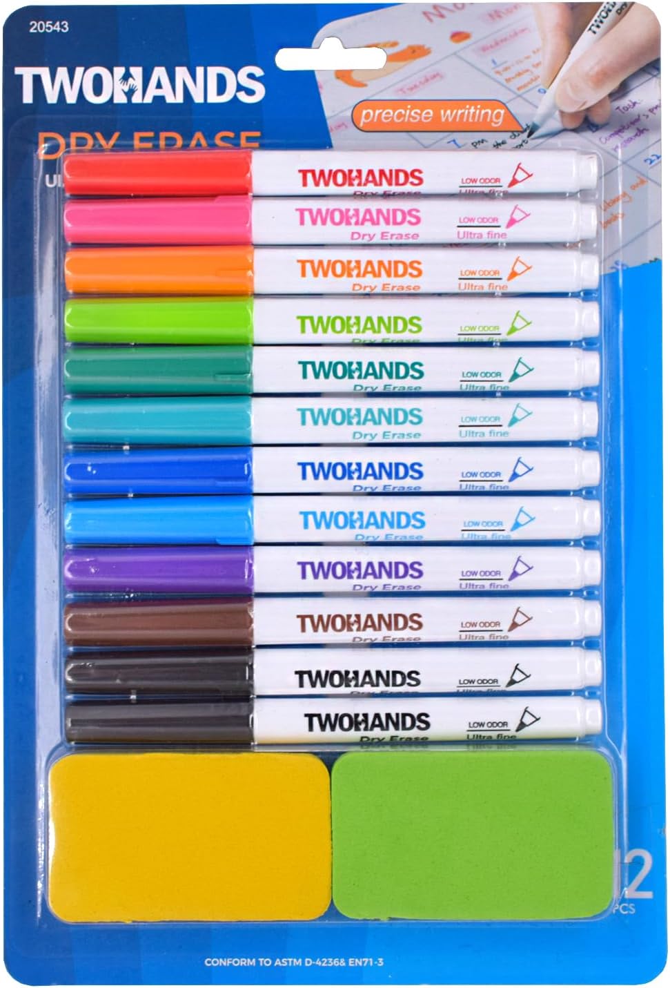 TWOHANDS Whiteboard Markers Dry Wipe Pens With 2 Eraser Ultra Fine Tip twohands-whiteboard-markers-dry-wipe-pens-with-2-eraser-ultra-fine-tip