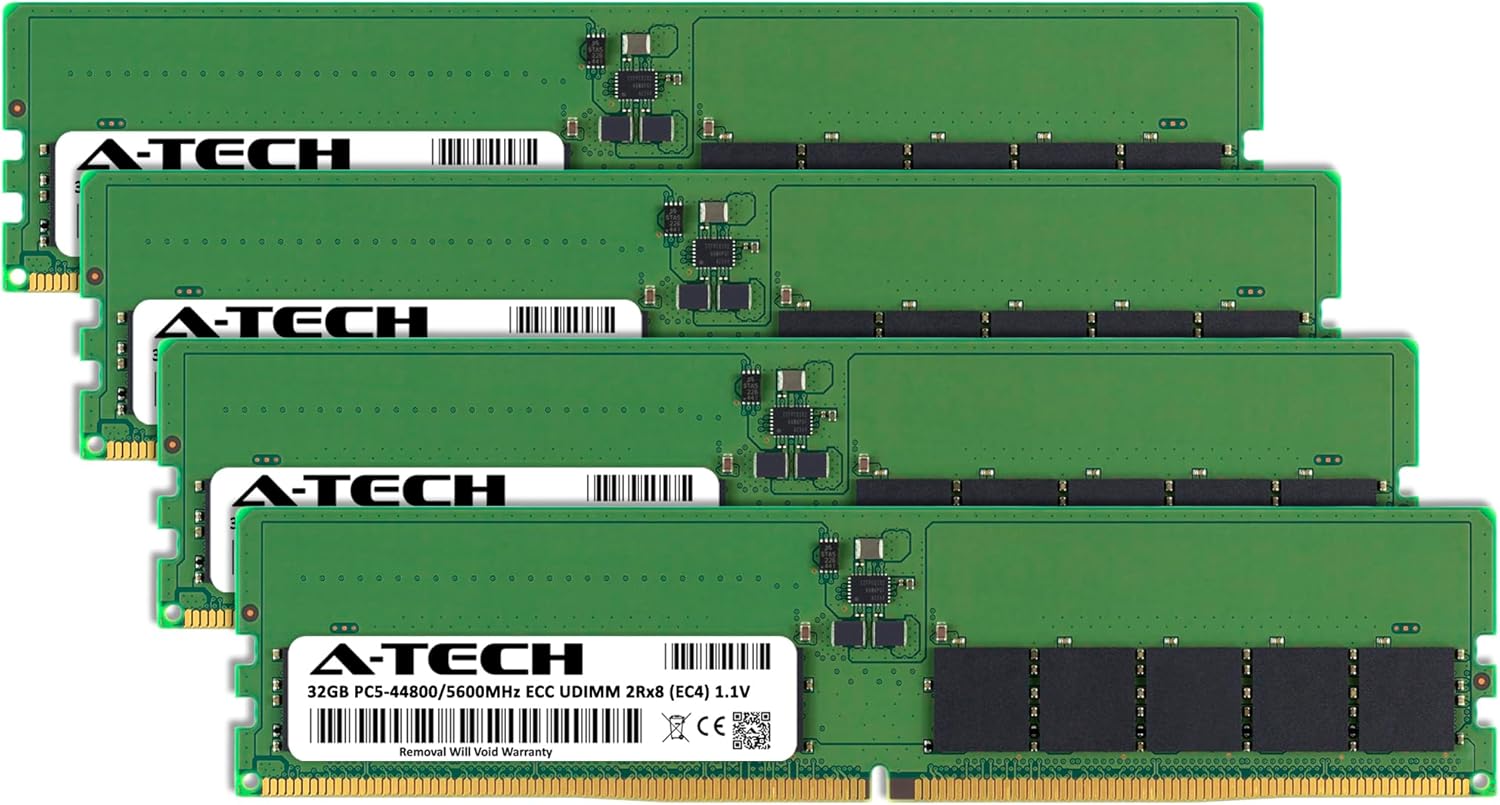 A-Tech 128GB Kit (4x32GB) DDR5 5600MHz PC5-44800 ECC UDIMM 2Rx8 (EC4 9x4) Dual Rank 1.1V ECC Unbuffered DIMM 288-Pin Server, Workstation RAM Memory Upgrade Modules