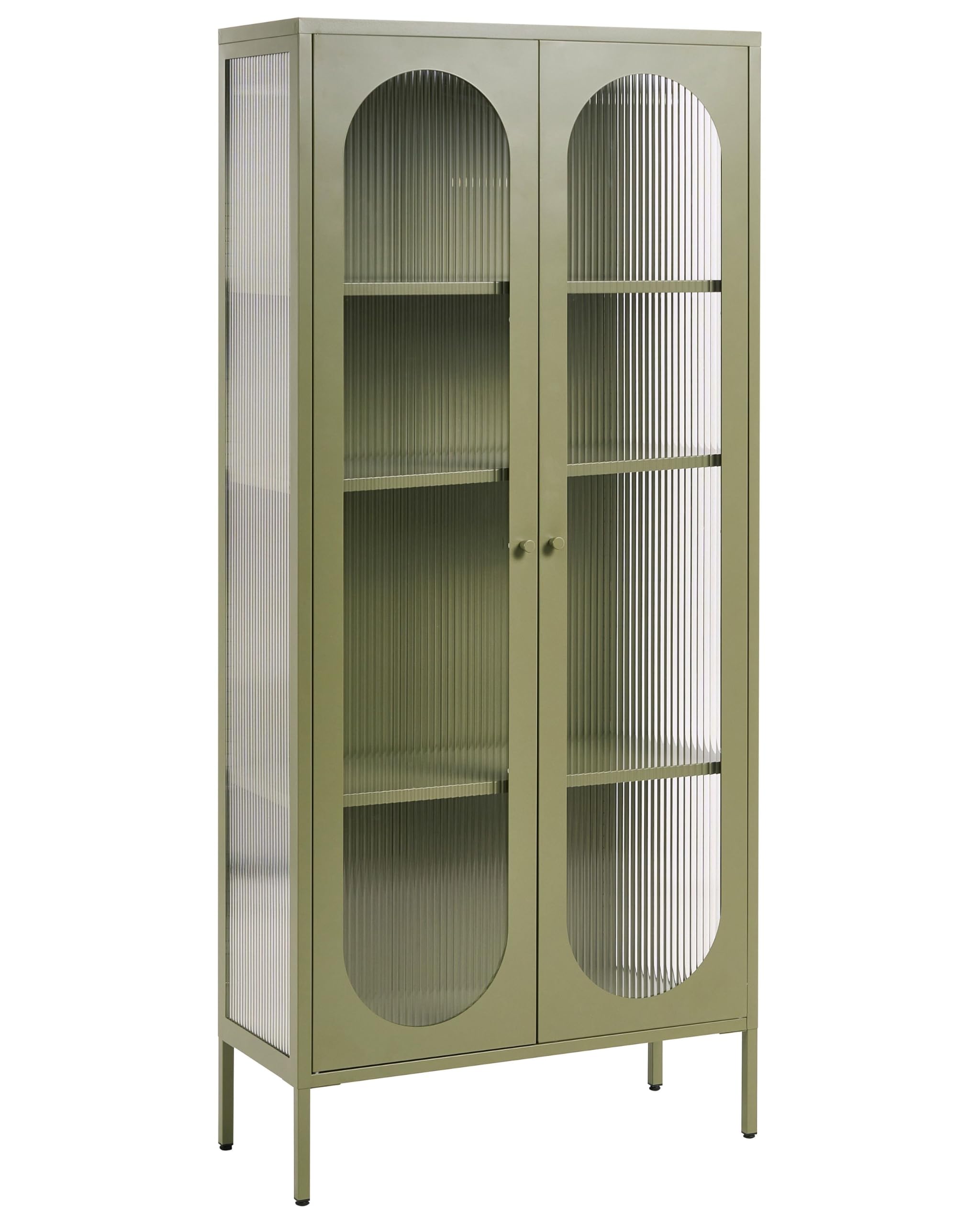 Beliani Vitrine Stahl grün mit 2 Glastüren geriffelt Hochschrank 181 cm hoch modern Industrie-Design Foxton