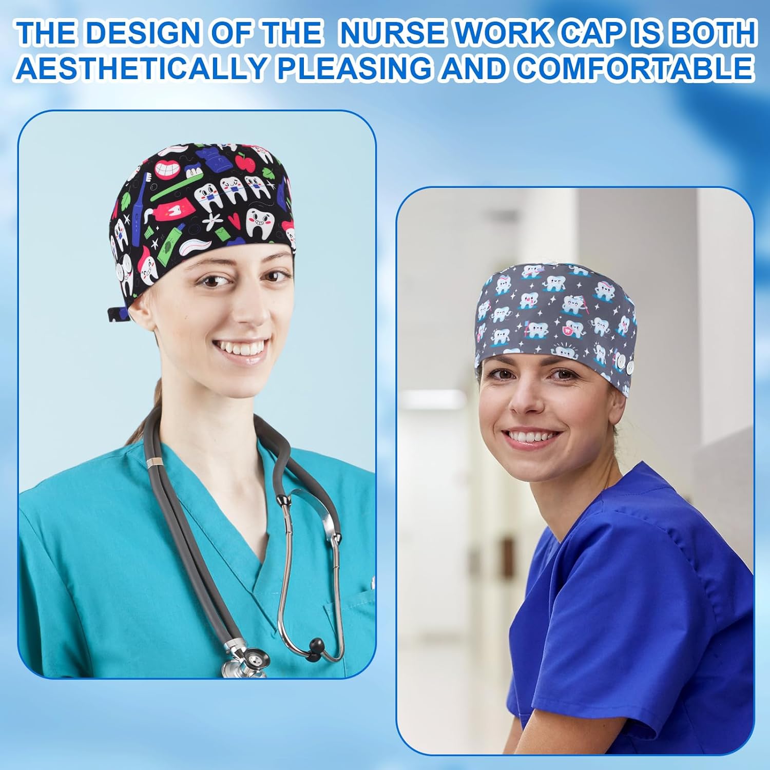 Unittype 4 Pcs Nurse Caps for Women Nursing Working Caps with Button and Sweatband Adjustable Elastic Scrub Hats for Dentist - Image 3