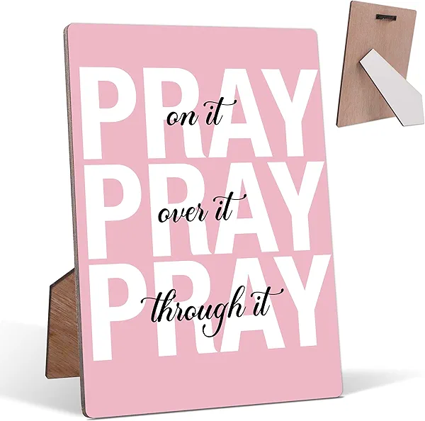Funny Desk Decor for Office, Pray On It Pray Over It Pray Through It, 5x7" Wooden Sign with Stand and Hook, Pink Desk Decor, Cubical Decor, Office Home Decoration Sign Gift, Funny Gift for Coworkers