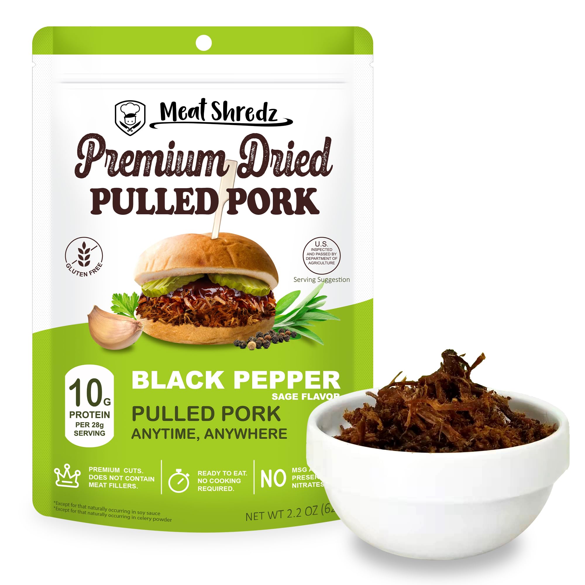 Meat Shredz - Premium Dried Pulled Pork (Black Pepper Sage, 1 Pack) | Gluten Free | High Protein & Low Sugar | Bacon Bits | Dehydrated Backpacking & Camping Food | Shredded, Dried Jerky Chew Snack