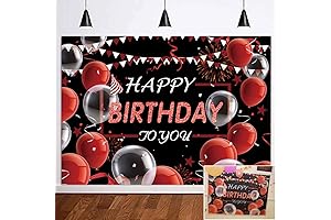 Happy Birthday Photography Backdrop, Red and Black Balloon Confetti Birthday Decor