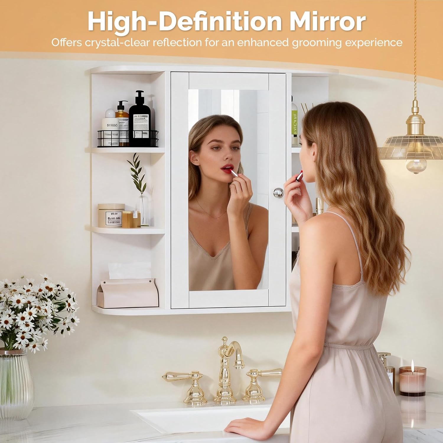 VINGLI Mirror Medicine Cabinet Wall Mounted, Bathroom Storage Organizer Over Toilet with 6 Open Curved Shelves, Adjustable Vanity Cupboard with Single Door for Entryway & Living Room, White