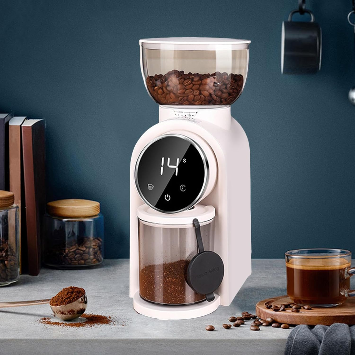 Electric Burr Coffee Grinder Burr Mill Grinder Multi Settings Intelligent Display Portable Espresso Coffee Grinding Machine, White