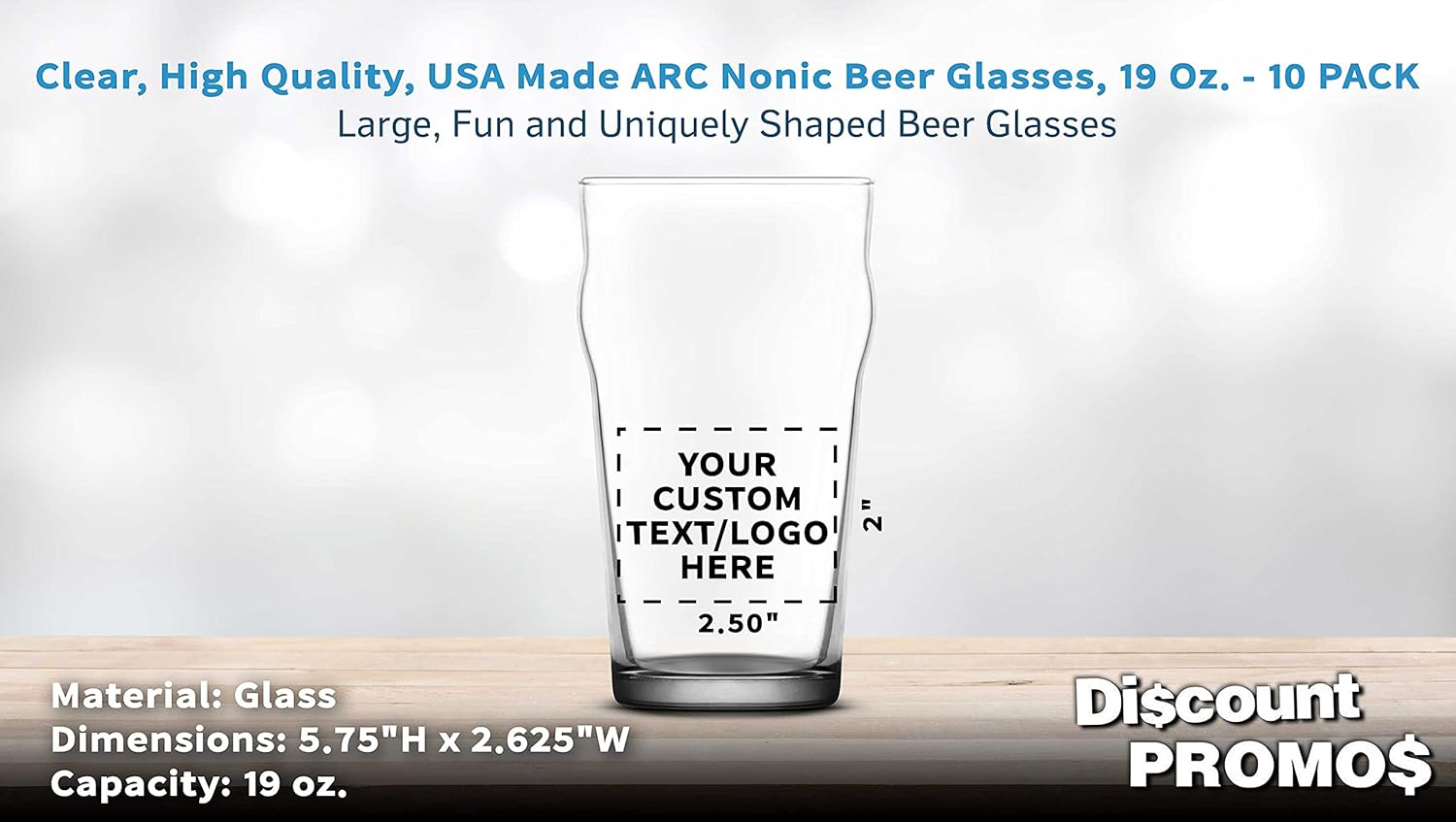 DISCOUNT PROMOS 10 ARC Nonic Beer Glasses Set, 19 oz. - Personalized Text, Logo - Clear, Pub, USA made - Black