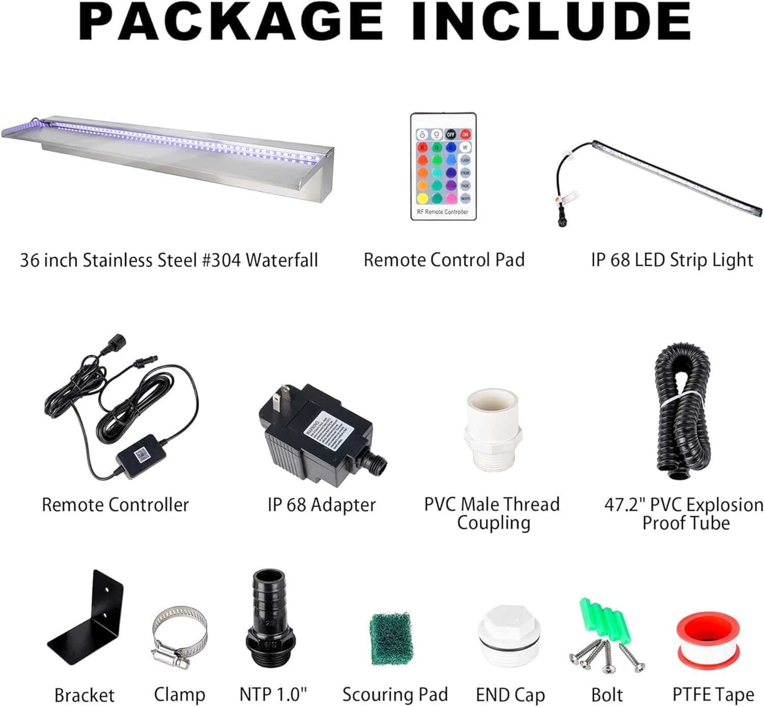 36 Inch APP 304 Stainless Steel Pond Fountains with 16 Color LED Lights, Outdoor Water Patio Waterfall Spillway Kit for Garden Patio, Swimming Pool, Koi Ponds Decoration