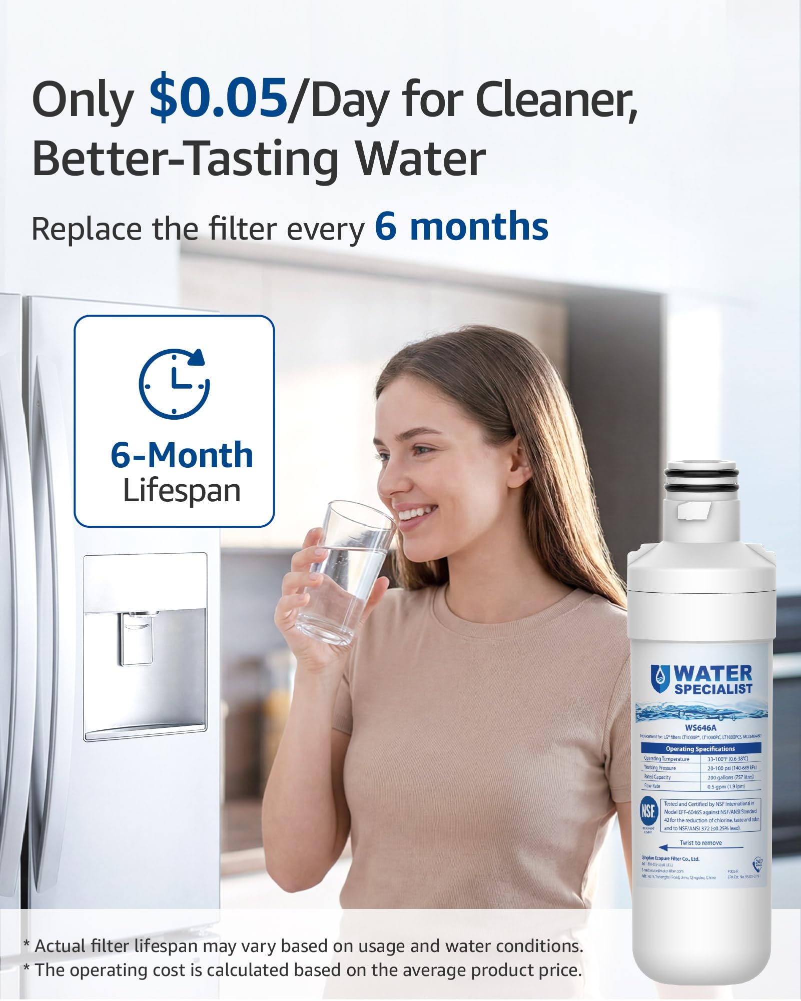 Waterspecialist MDJ64844601 filtr wody do lodówki, certyfikat NSF, zamiennik dla LG LT1000P, LT 1000P, LT1000PC, LT1000PCS, LFXC24796S, ADQ74793501, ADQ74793502, Kenmore 46-9980, 9980 (3 sztuki)