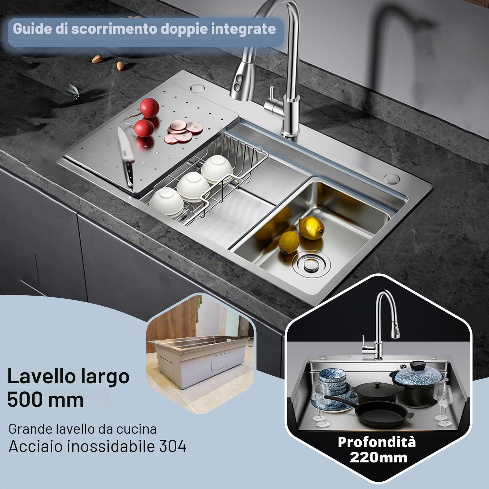 80x50CM Lavello da Cucina Nero in Acciaio Inox 304SUS, 1 Bacino Lavello da Incasso, Lavello da Cucina in Acciaio Inox Rettangolare, Con Sgocciolatoio, Gruppo Di Scarico E Kit Di Trabocco Per