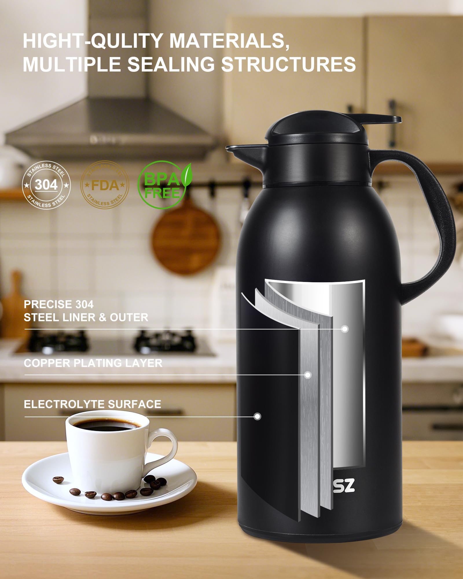 2 jarras térmicas de café de 3 l, hasta 24 horas de calor, aisladas de acero inoxidable para líquidos calientes, jarras de café para mantener el café caliente para fiestas, jarra de té grande (negro +