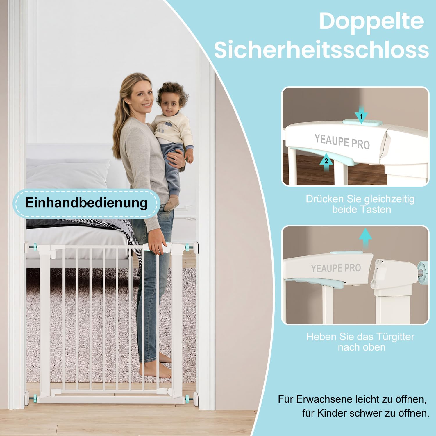 YEAUPE PRO Türschutzgitter Ohne Bohren 68-73 cm Babygitter Treppenschutzgitter beidseitig zu öffnen Selbstschließend Weiß