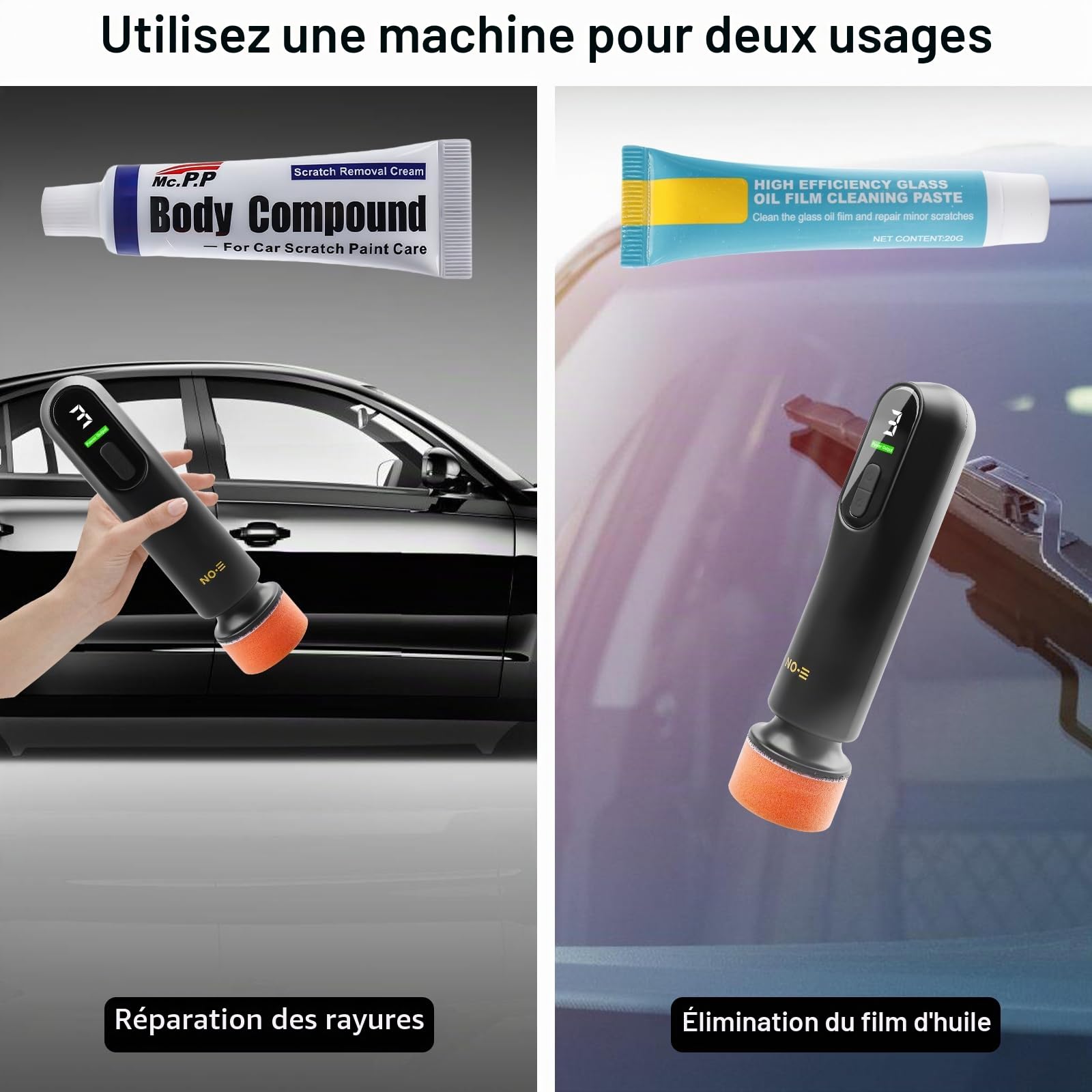 Kit de polisseuse automatique, polisseuse de réparation de rayures pour voiture, polisseuse portable rechargeable sans fil pour l'entretien des voitures, cirage, rayures de voiture et pare-brise