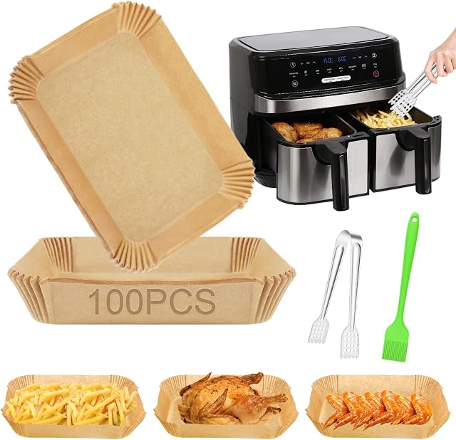 Meetory Air Fryer Liners for Ninja Dual Zone AF300K AF400UK, 100Pcs Disposable Air Fryer Parchment Paper Liners Rectangle, 6.7X 9.8inch Airfryer Liners with Grill Tongs & Brush, Oil/Water Proof