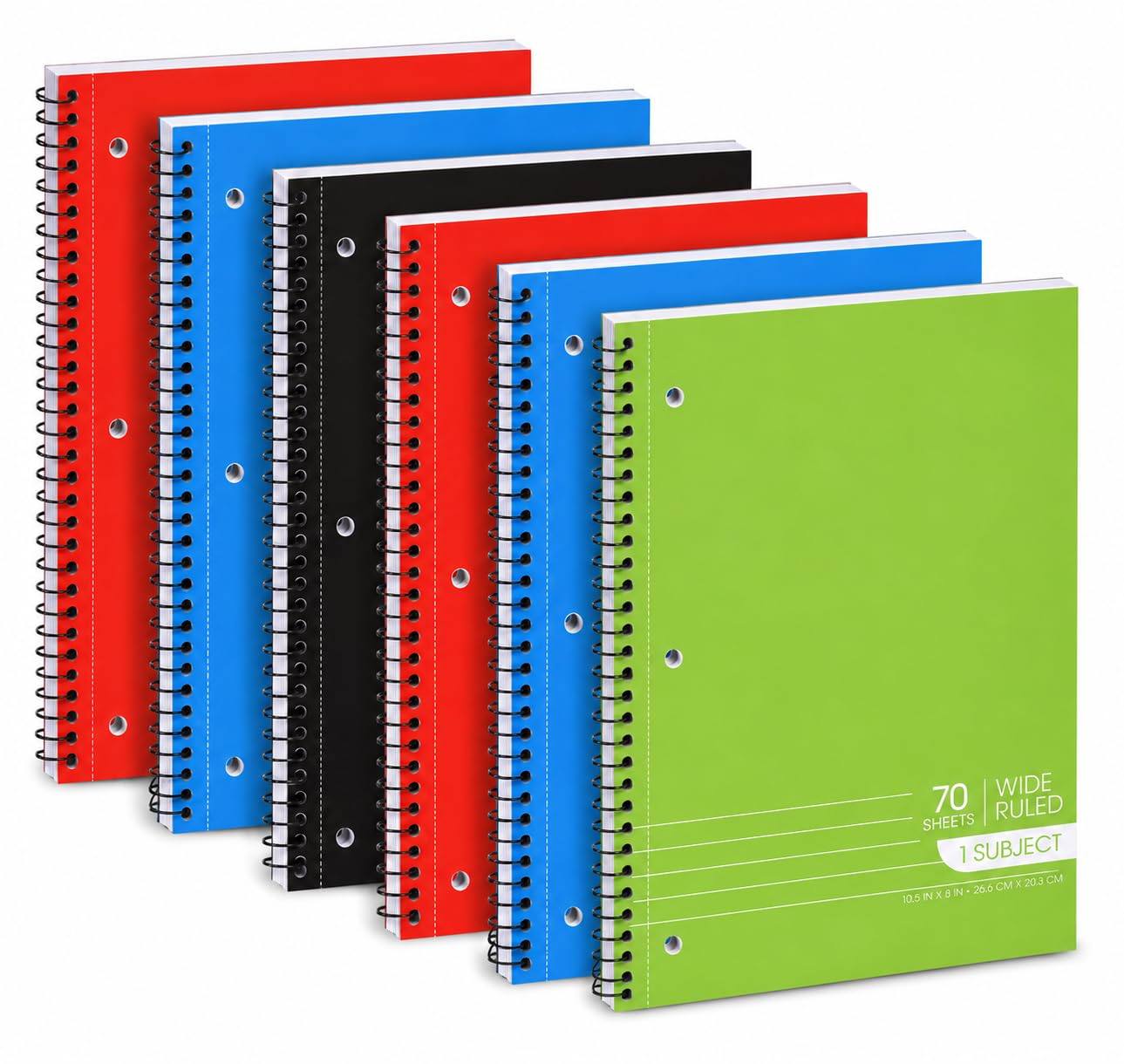 Spiral-Notizbücher, 1-faches Notizbuch, breit liniert, 70 Blatt, 3-fach gelocht, Notizbücher für Schule, Klassenzimmer, Zuhause, Büro, perforierte Seiten, verschiedene Farben, 6 Stück