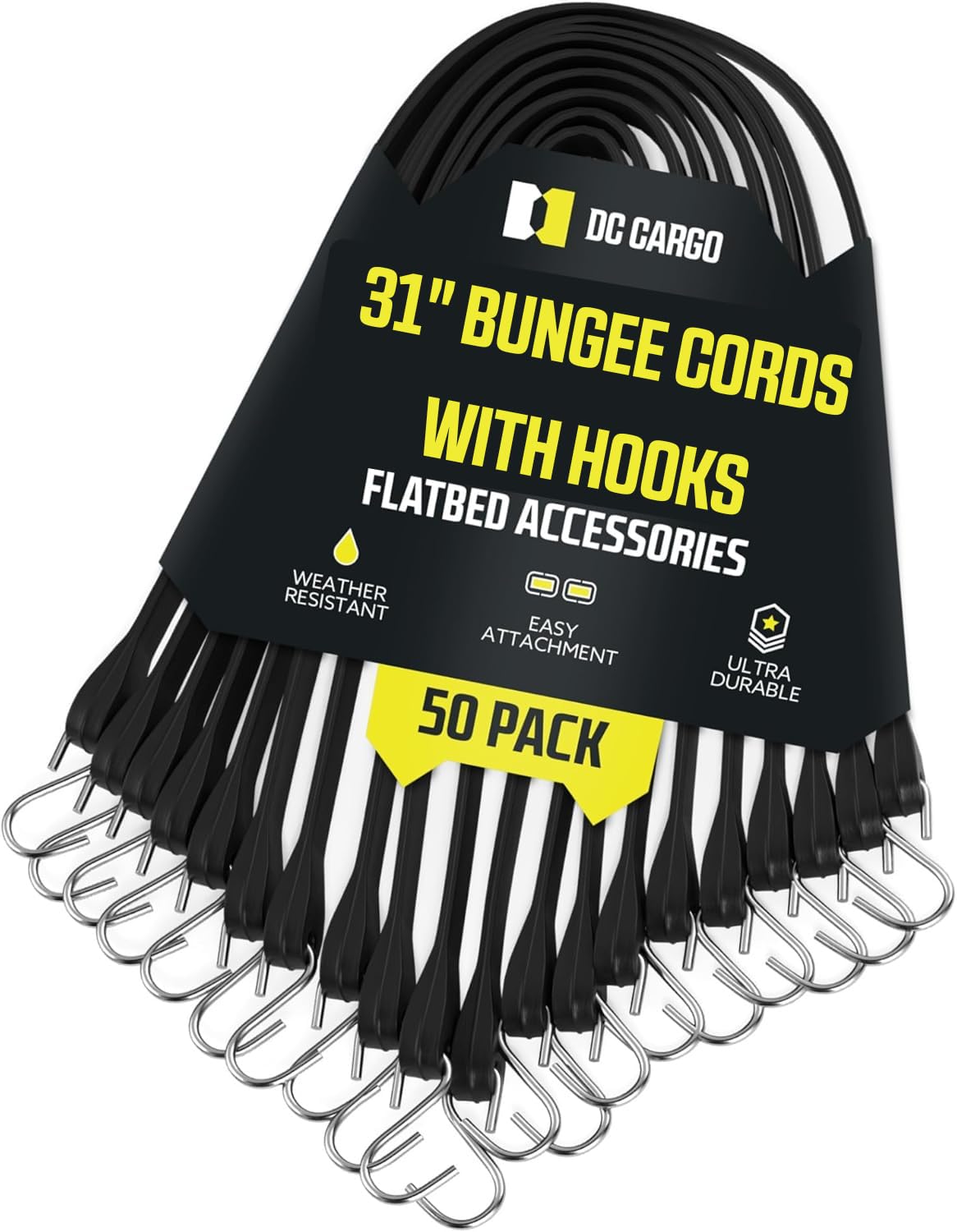 Pack of 50 Tarp Straps, 31" Long Natural Rubber Bungee Cord Tie-Downs Ideal for Securing Tarps, Canvases, Cargo in Cold Climates. Trailer Tie-Downs w/