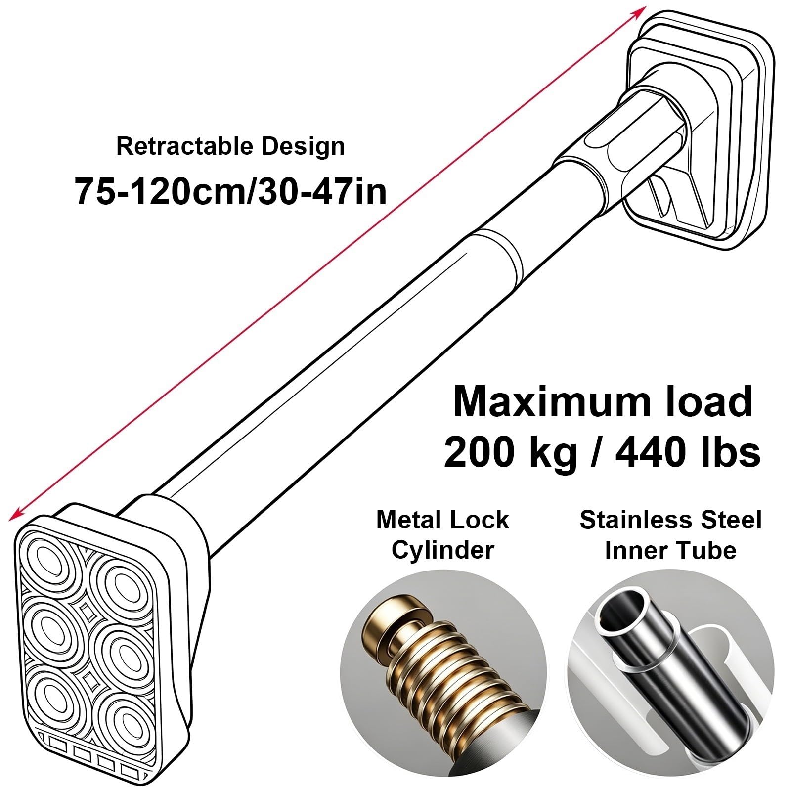Vorhangstange Klemmstange 50 bis 490 cm Duschvorhangstange Ohne Bohren für Bad, Kleiderschrank und Fenster(Gray,75-120cm/30-47in)
