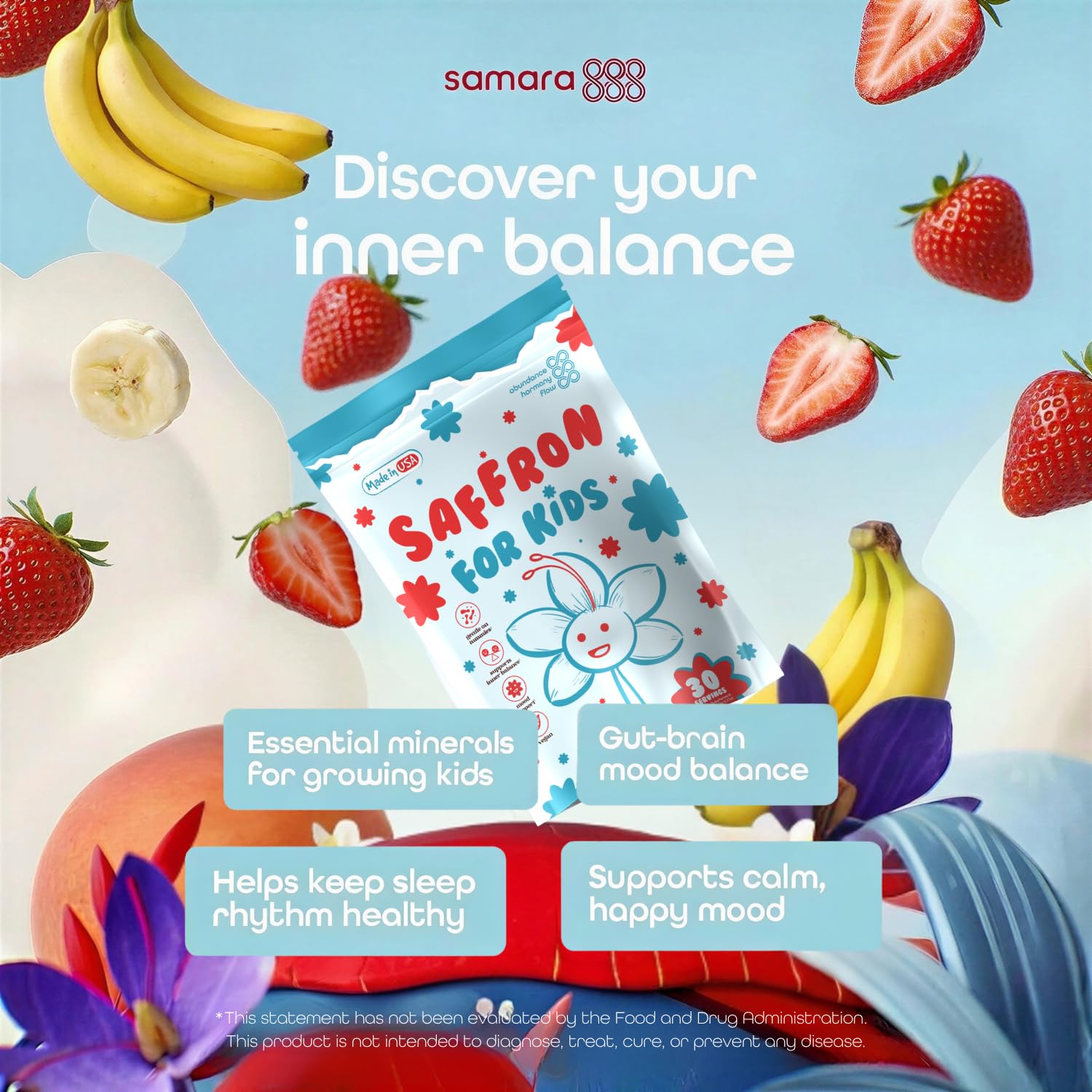 Saffron for Kids | Saffron Drink Powder for Kids Supports Happy Mood & Temper Control, w/Lavender, Chamomile, Passionflower & Electrolytes, Vegan, Melatonin-Free, Passion Fruit Flavor 30 Servings
