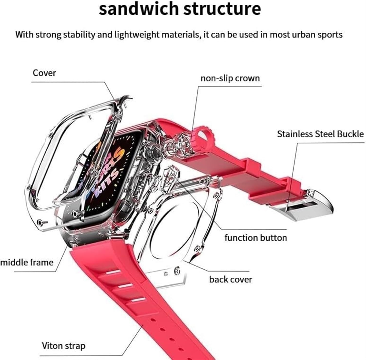 Transparent Glacier Case+Silicone Watch Strap Urban Sport Mod Kit，For Apple Watch Ultra 8 49mm 7 45mm 6 5 4 SE 44mm Series Watch Upgrade Rubber Watch Band