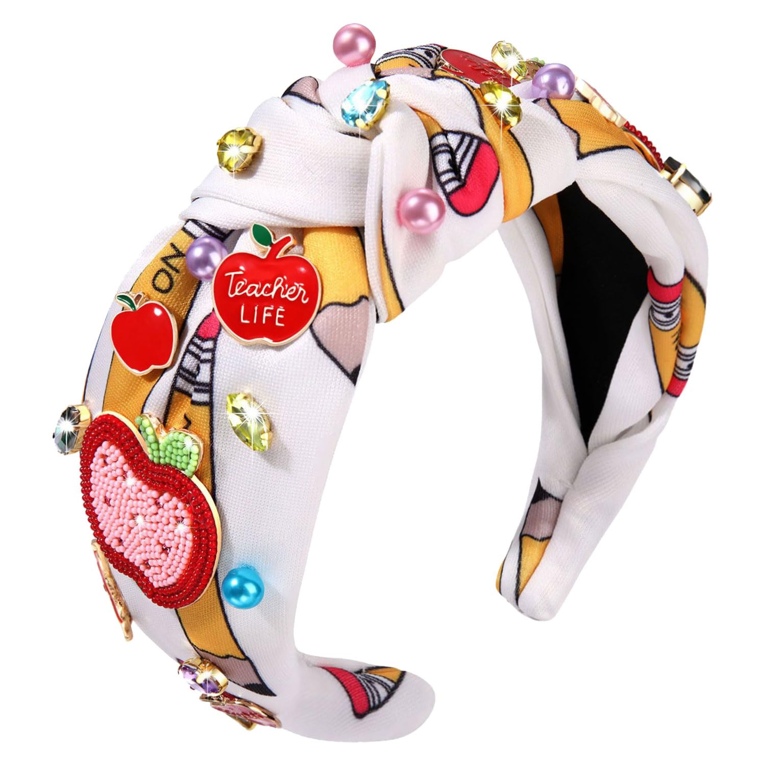 Teacher Headband for Women Cute Pencil Book FRI-YAY Knotted Headband Embellished Crystal Pearl Headbands Back to School Accessories Teacher Application Gifts Party Favor Gifts