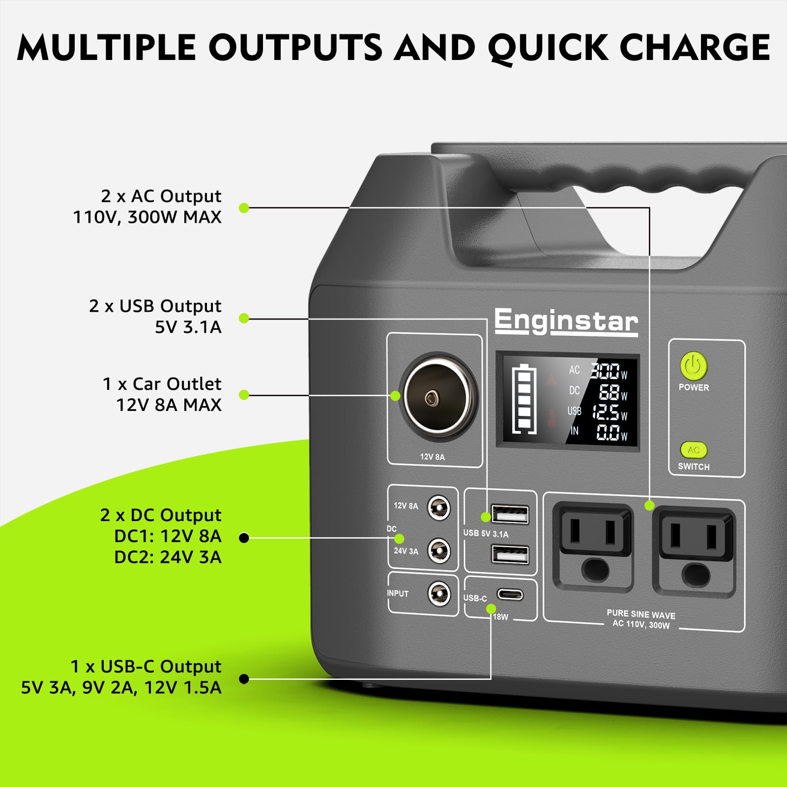 EnginStar Generatore solare, stazione di alimentazione portatile, batteria al litio da 300 W, 296 Wh con due uscite sinusoidale da 110 V, per campeggio, viaggi