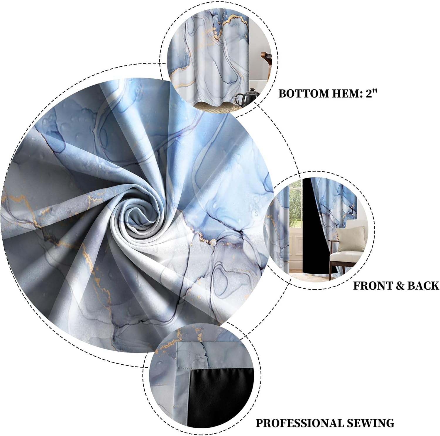 Renaiss Blue Marble Blackout Curtains, Light Blue Liquid Art Thermal Insulated Bedroom Window Curtains, Modern Luxury Marble Texture Window Drapes for Living Room, 53W x 63L 2 Panels Set