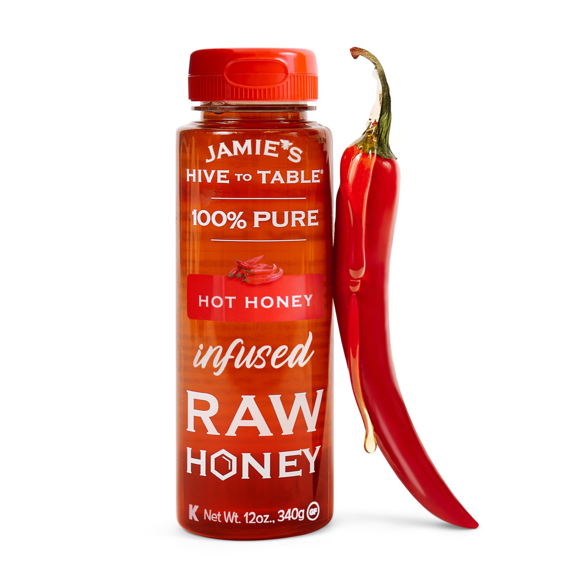 Jamie's Hive To Table Hot Honey, 12 Oz – 100% Natural Raw Honey Infused with Hot Pepper – Gluten-Free, Non-GMO – Spicy Kick for Your Pizza, BBQ, Charcuterie, or Cocktails