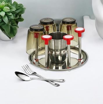Popular Stainless Steel Glass & Spoon Stand & Stainless Steel Glass Rack/Glass Holder for Kitchen/Dining Table for 6 Glasses (Multi-Color)