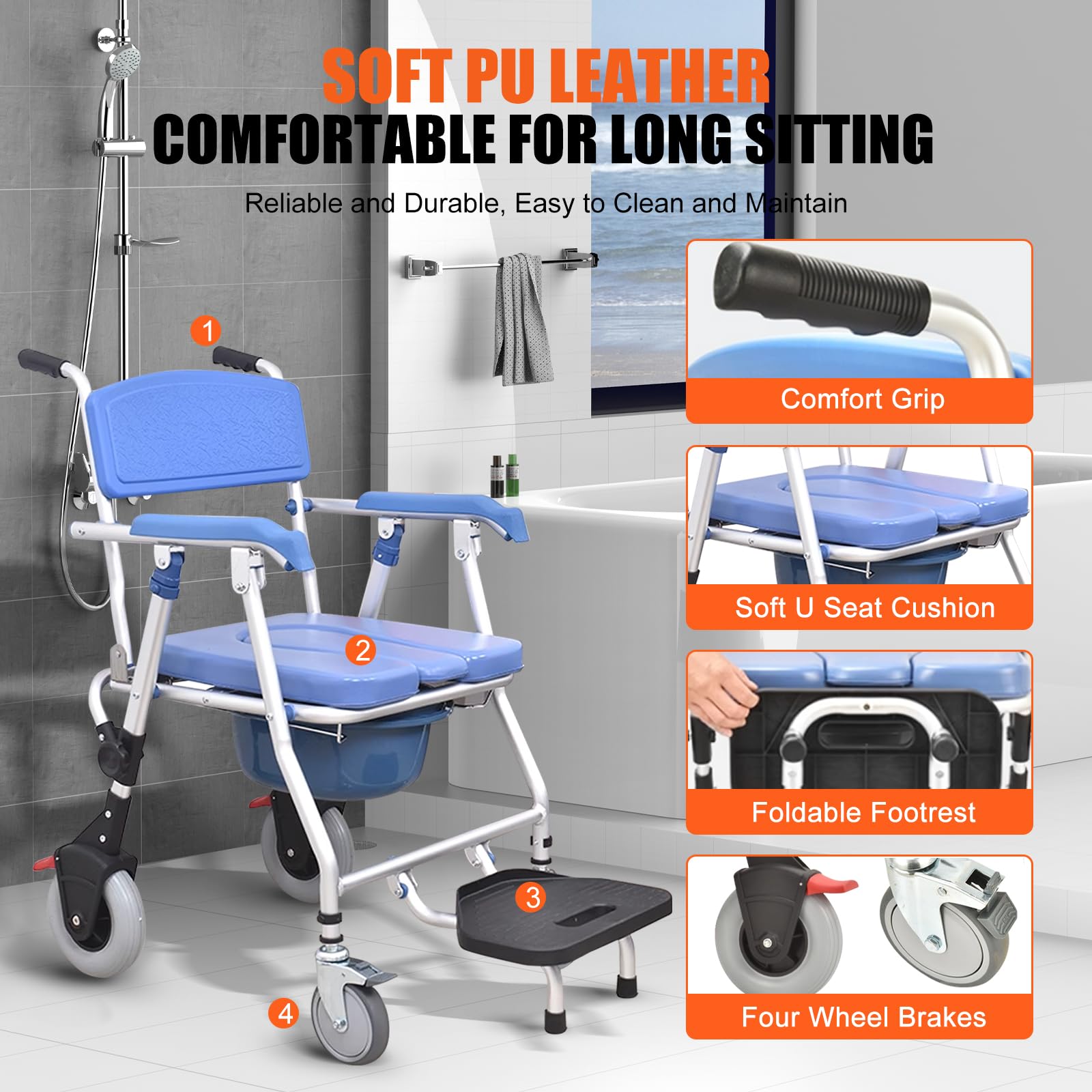 Silla de Ducha con Ruedas y WC, Silla de Baño Geriatrica Plegable, Silla WC para Personas Mayores,Taburete de Ducha con Reposabrazos, Capacidad de Carga 150 kg