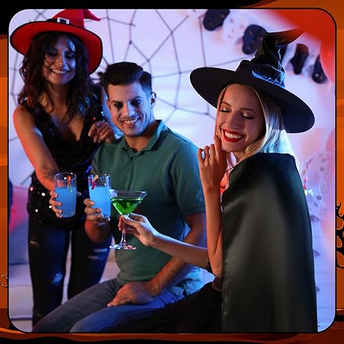 Miniatura 7 de Coume 3 juegos de disfraz de bruja de Halloween para mujer, sombrero de bruja fruncido grande negro y capa de mago, accesorios de disfraz para