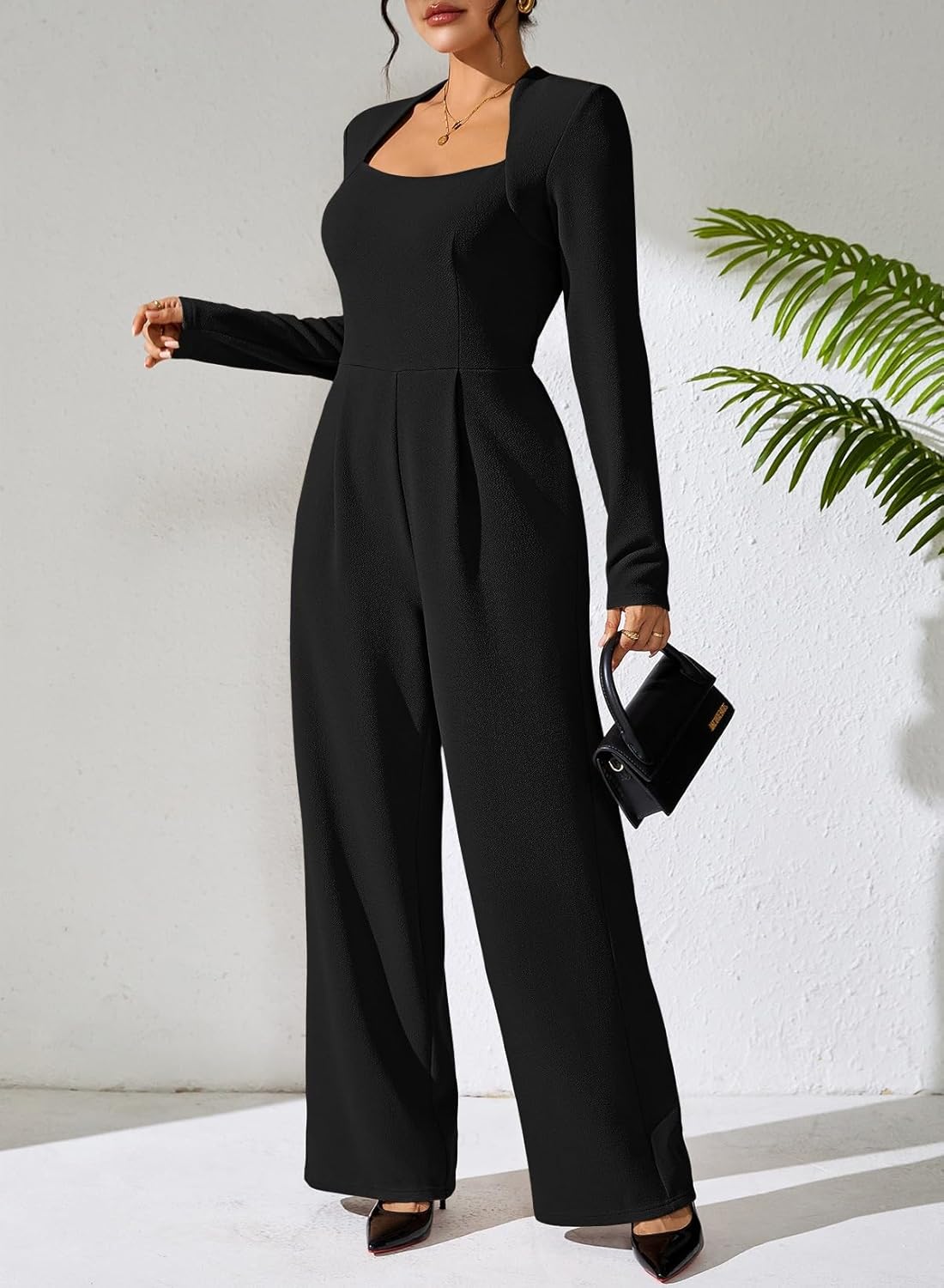 Pink Queen Jumpsuits for Women Dressy Scoop Neck Long Sleeve Wide Leg Romper One Piece Trendy Outfits - Image 2