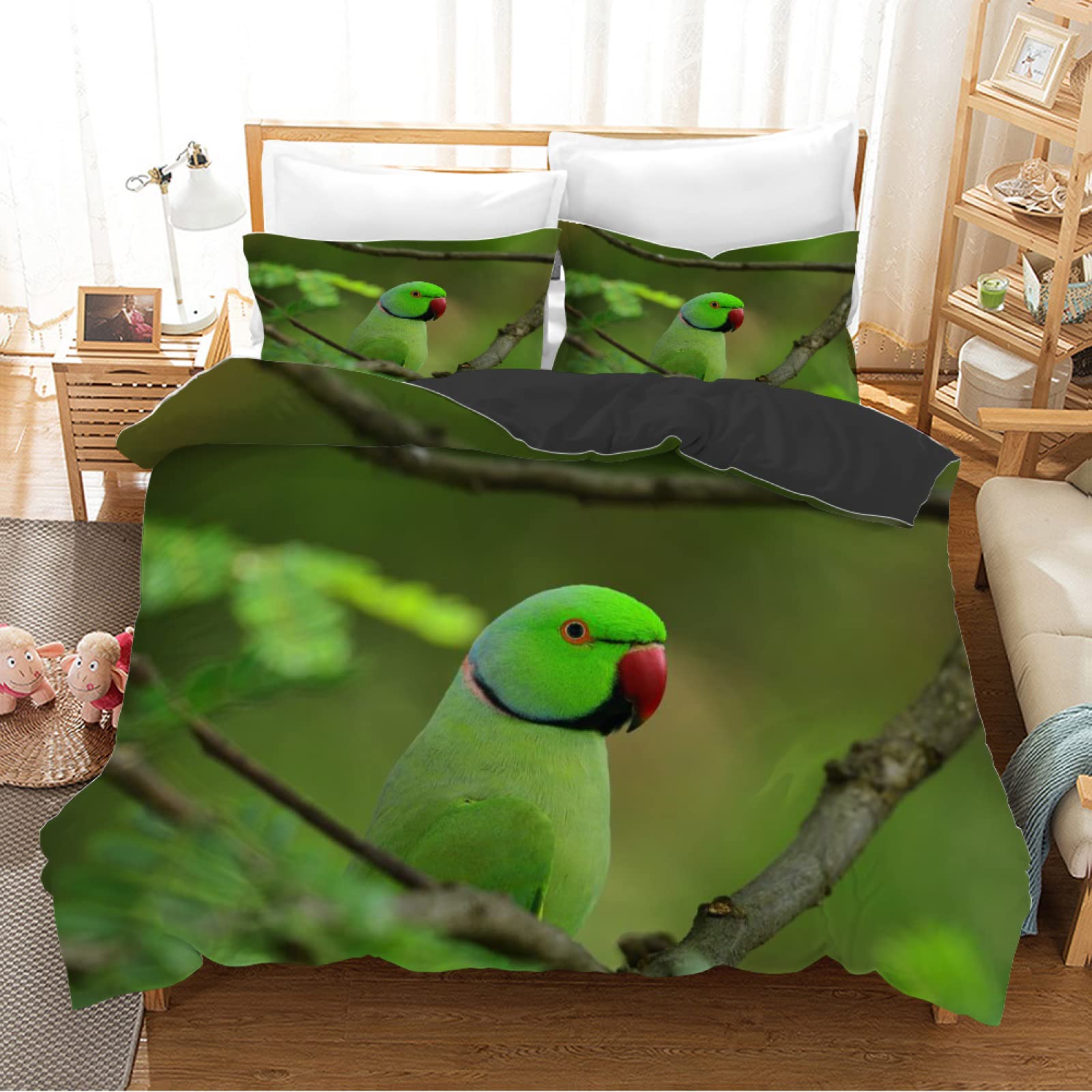 Parure de lit 90x190 enfant oiseau vert housse de couette microfibre douceur