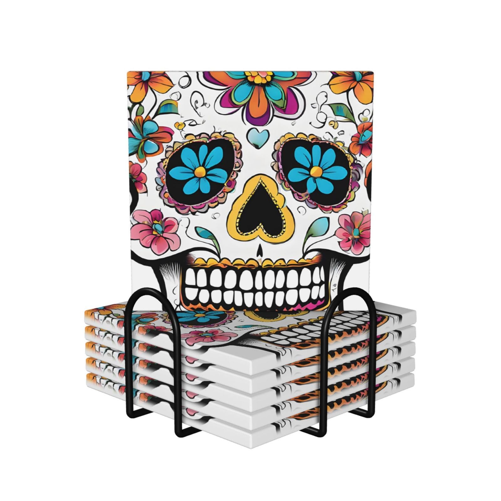 Aspoijhn Square (Skull) Ceramic Coasters Set Of 6 Absorbent Drink Coasters With Holder For Home Office Bar Restaurant