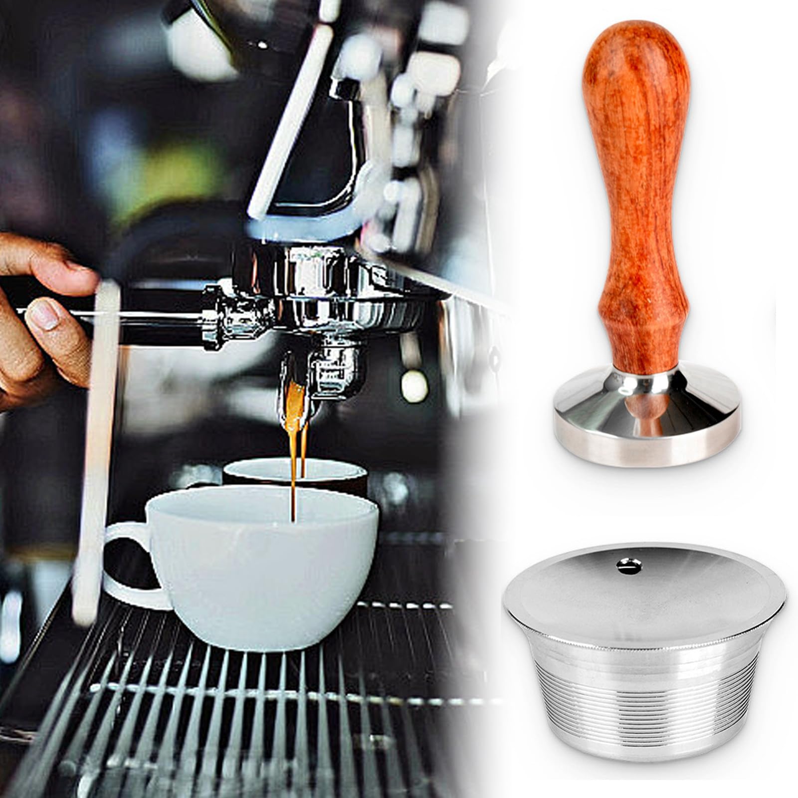Cápsulas de café espresso de metal aptas para lavavajillas, con herramienta de apisonamiento, textura de madera de acero inoxidable para taza