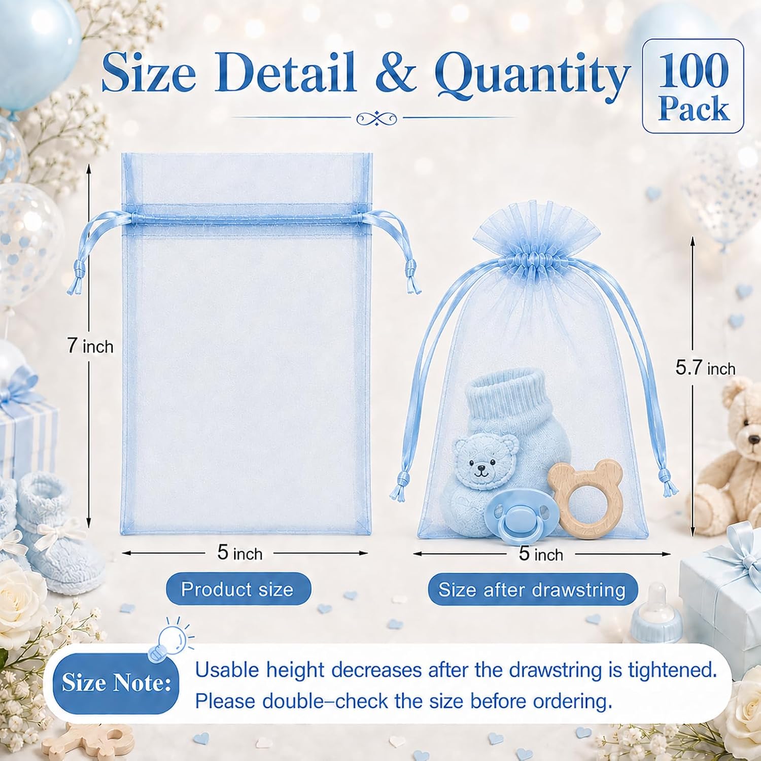 Jexila 100 PCS Light Blue Organza Gift Bags 5X7 Baby Shower Party Favor Bag image 3