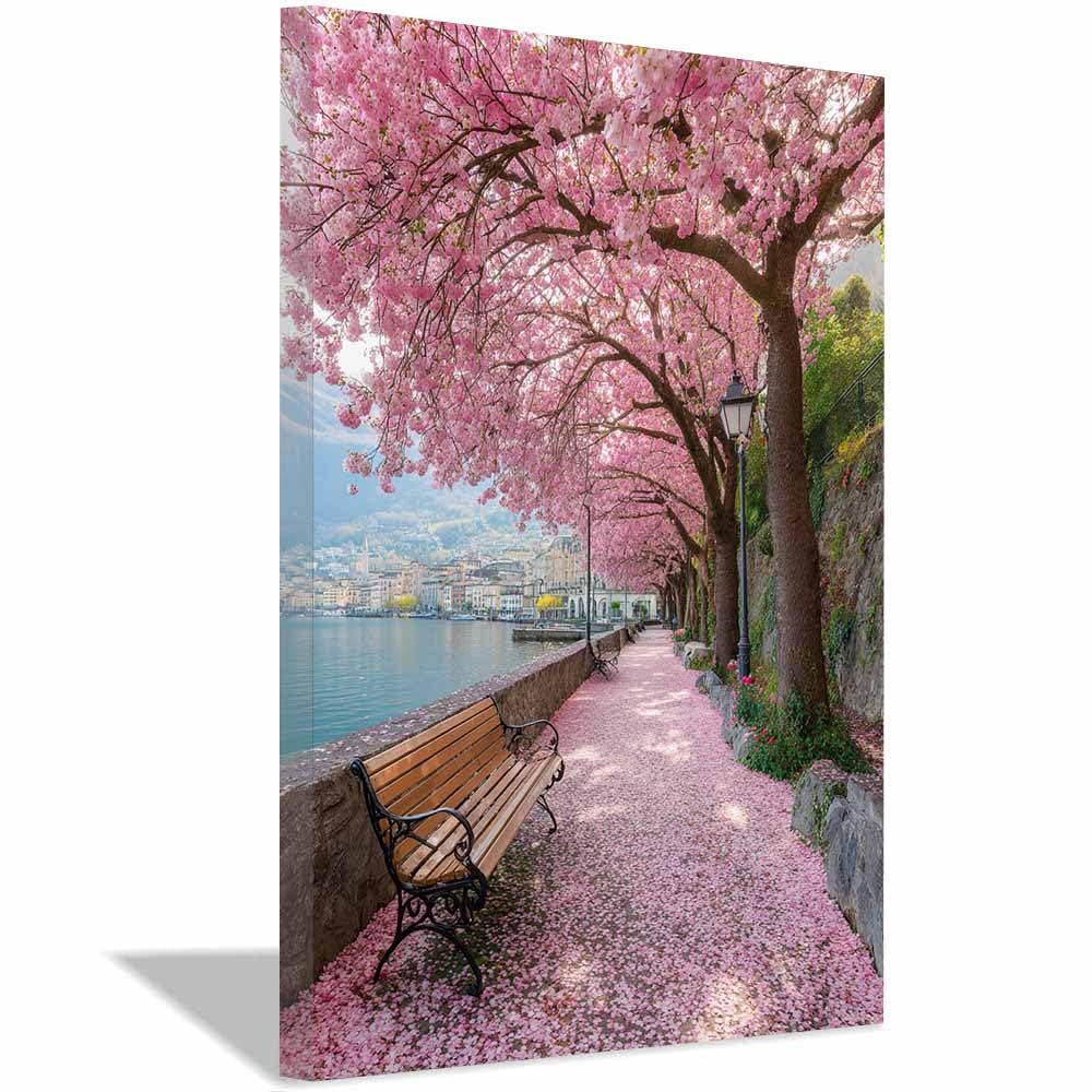 HOQIU Wall art for home decor Lakeside Blossoms Walk canvas artwork for wall, art prints, For living room, bedroom, bathroom, dining room, painting and decor.(Multicolor)-40x60cm Framed