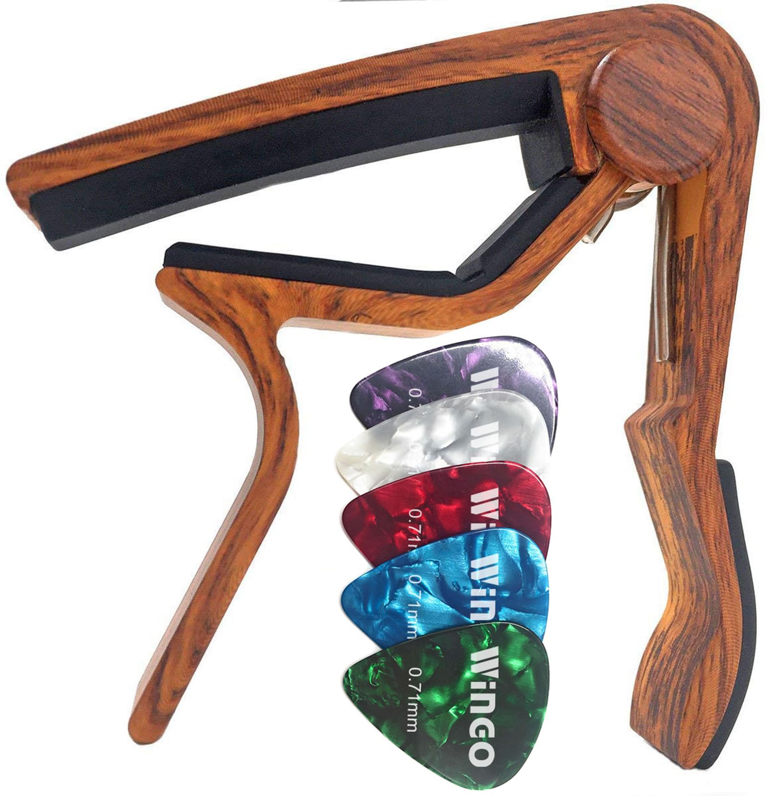 WINGO Guitar Capo for 6-String Acoustic Electric Guitars, Quick Change for Ukulele Banjo Mandolin Bass with 5 Free Picks, Rosewood-picture-23