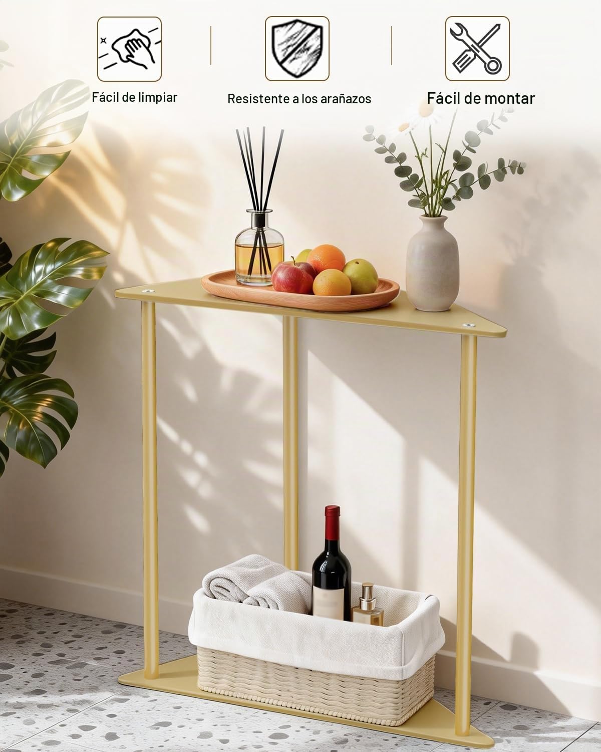 Yawinhe Mesa Auxiliar en Forma de Triángulo,1 Pack Mesita de Sofa,Dorado | Mesita de Café con Base de Metal;Mesas de Noche para Espacios Pequeños,Auxiliar Redonda para Sala de Estar Rincones