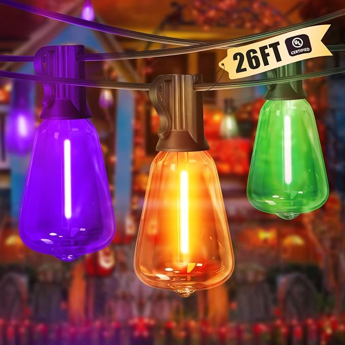 LAMPHOME Orange Purple Green Outdoor Halloween String Lights,26FT ST38 LED Patio Light 12+1 Shatterproof Edison Bulbs, Waterproof Connectable Outside Hanging Lights for Backyard Porch Party Decor