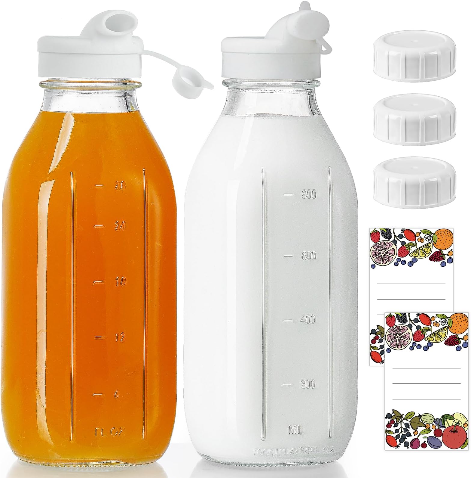 Absovetu 2 Pack Glass Milk Storage Bottles with Lids 1 Litre /33.8 oz - Glass Juice Bottles with Pour Spout Water Bottle Smoothie Bottle for Fridge