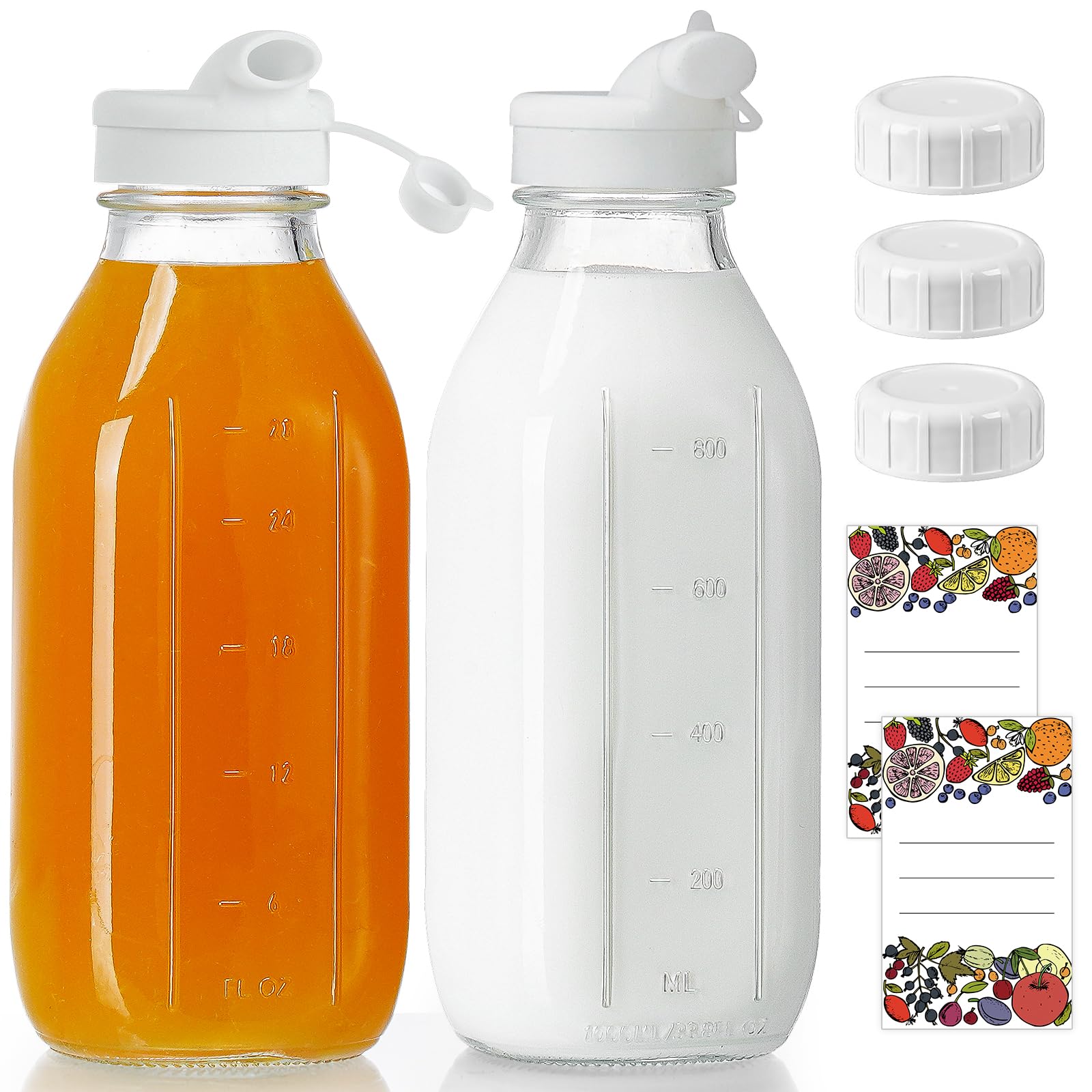Set 2 Bottiglie In Vetro Da 1L Con Tappo A Vite E Scala – Per Latte, Succhi E Bevande, Con Beccuccio In Silicone