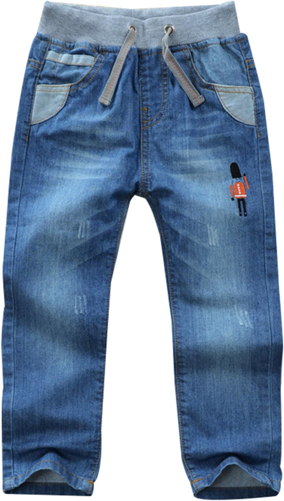 SellerFun Boys Kids Drawstring Elastic Mid Waist Washed Full Length Straight Trousers Denim Jeans