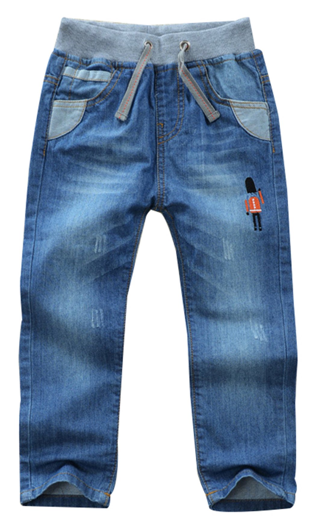 SellerFun Boys Kids Drawstring Elastic Mid Waist Washed Full Length Straight Trousers Denim Jeans